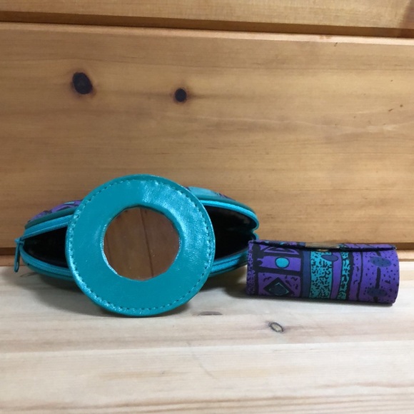 Vintage Geometric 80’s Style Makeup Pouch Mirror Lipstick Carrier Hand Bag - Picture 6 of 10